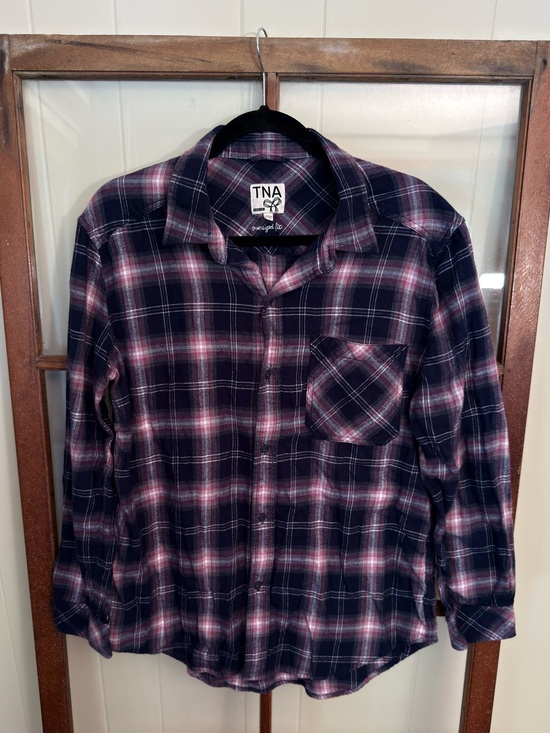 TNA Tops - TNA by Aritzia Soft Oversized Plaid Flannel Button Up Shirt Navy Pink Purple Med